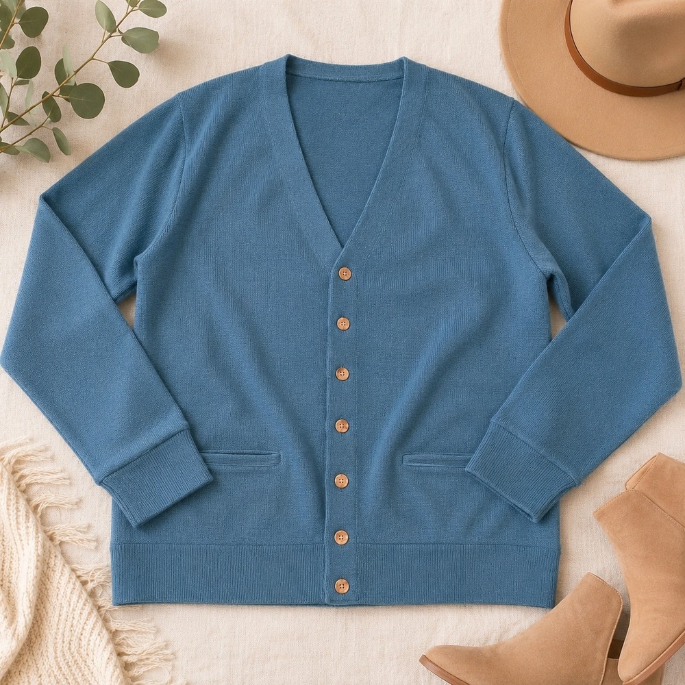 Cardigan Sweater Womens M Blue Button Front V-Neck Knit Casual Classic